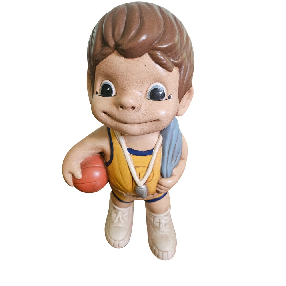 Vintage Basketball Boy Figurine Kids Yellow Blue Retro Sports Decor